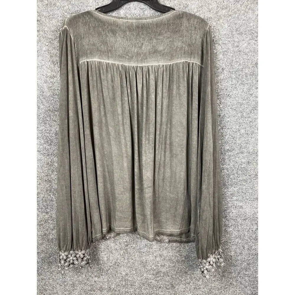 POL Embroidered Lace Trim Blouse Oversize Long-Sleeve lace Cuffs Charol Gray L - Picture 9 of 13